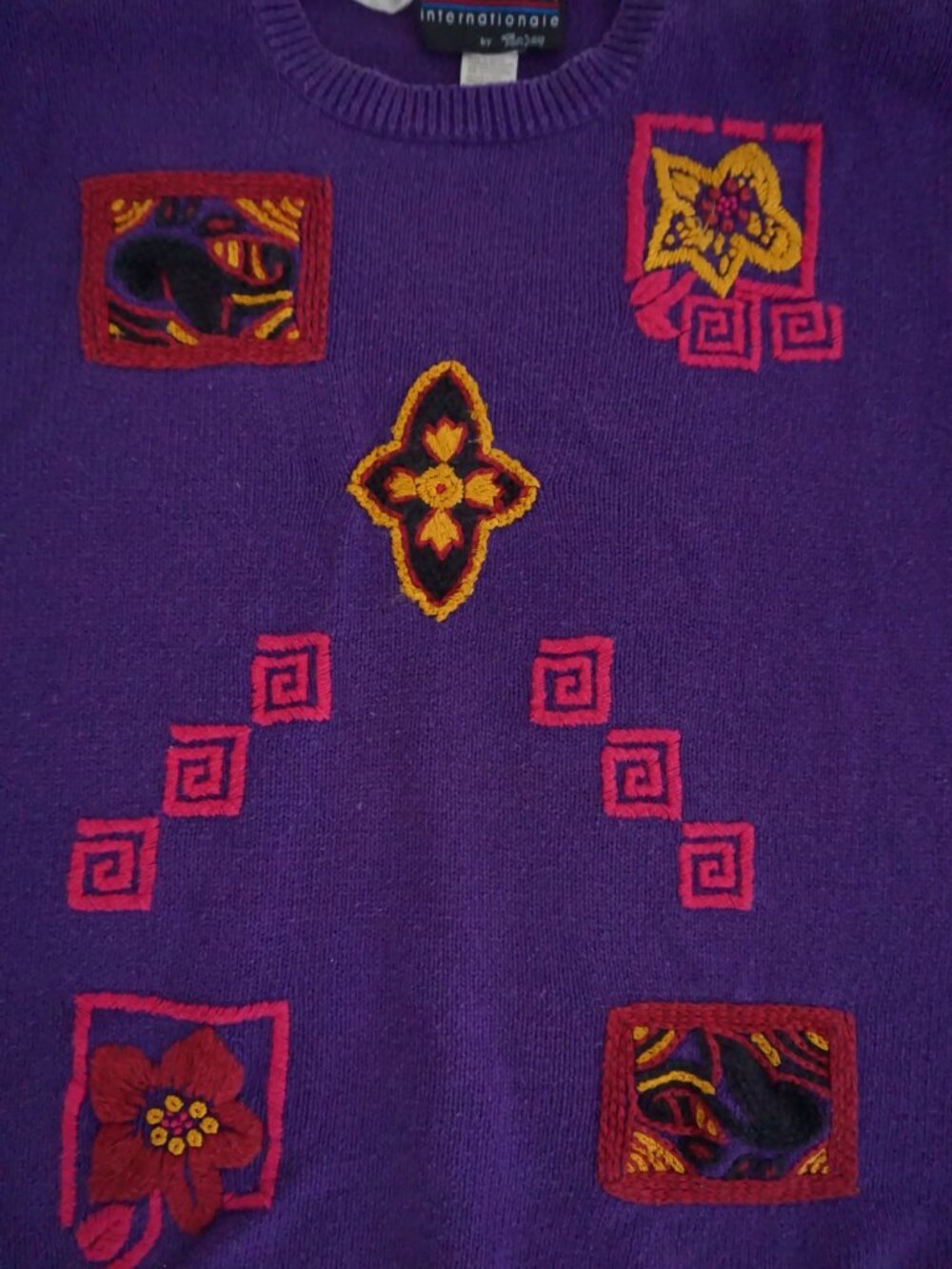 Vintage Collections Internationale Purple Floral Geometric Cotton Sweater XL - Picture 6 of 10